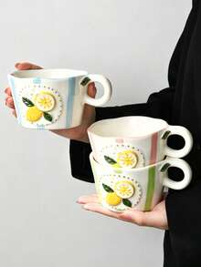 3D Embossed Lemon Ceramic Cup, Hand-Painted Striped Coffee Mug, Cute Asymmetrical Wavy Edge Tea Cup, Microwave And Dishwasher , Fun Fruit Drinkware Kitchen Gift, Christmas Present - Multicolor - View 12