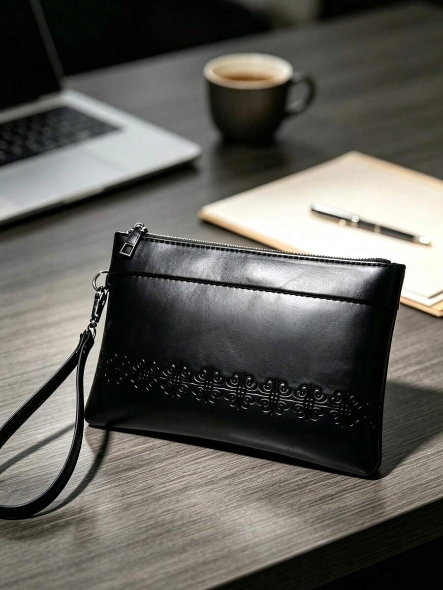 Dompet Pria Kasual Kapasitas Besar untuk Dokumen, Ponsel, dan Koin, Tas Tangan Timbul Terbaru - Hitam - View 1