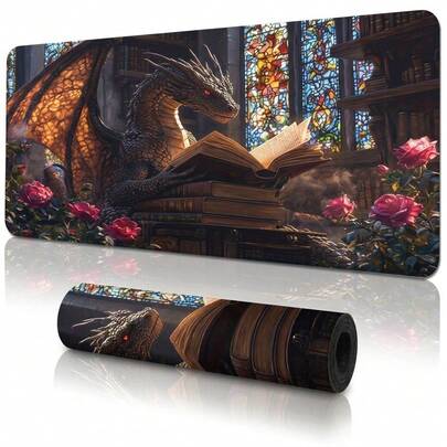 Dragon Reading In Library Pattern Extra Long Gaming Mouse Pad And Desk Mat Set, Non-Slip Durable Rubber Bottom, Smooth Surface, Suitable For Computer Laptop Office Home, Abstract Art Decor, Back To School Supplies
