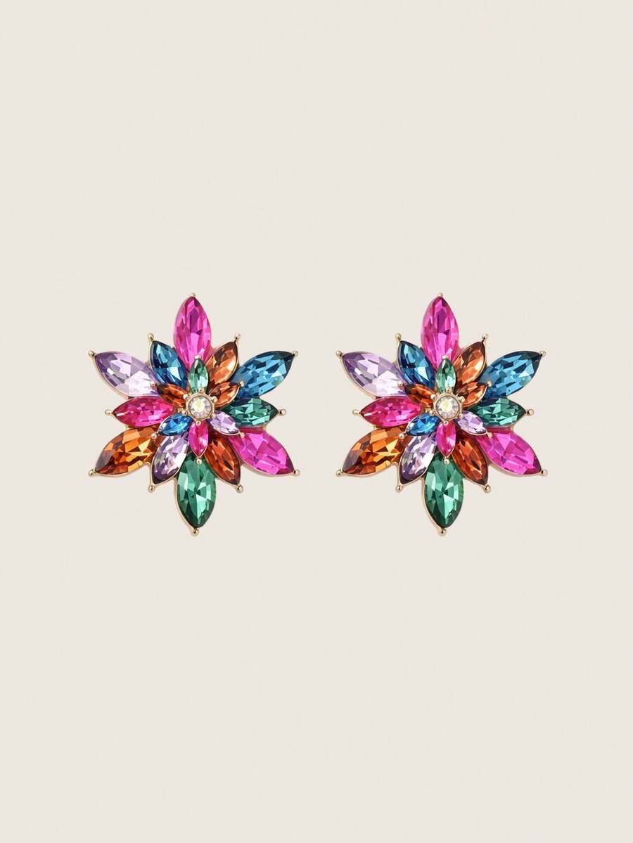 Valisandre 2pcs Colorful Multi-Layer Flower Rhinestone Stud Earrings, Gift For Women, Suitable For Daily, Date, Vacation - Multicolor - View 1