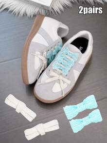 2 Pairs 8mm Solid Color Textured Flat Shoelaces + 3cm Lace Decorative Shoelaces, Unisex Decorative Sports Shoelace Combo Set, Flat Shoelaces For Running And Casual Shoes Replacement, DIY Mix And Match Set - 4699 Beige + CZ Lace Trim - Light Blue - View 2