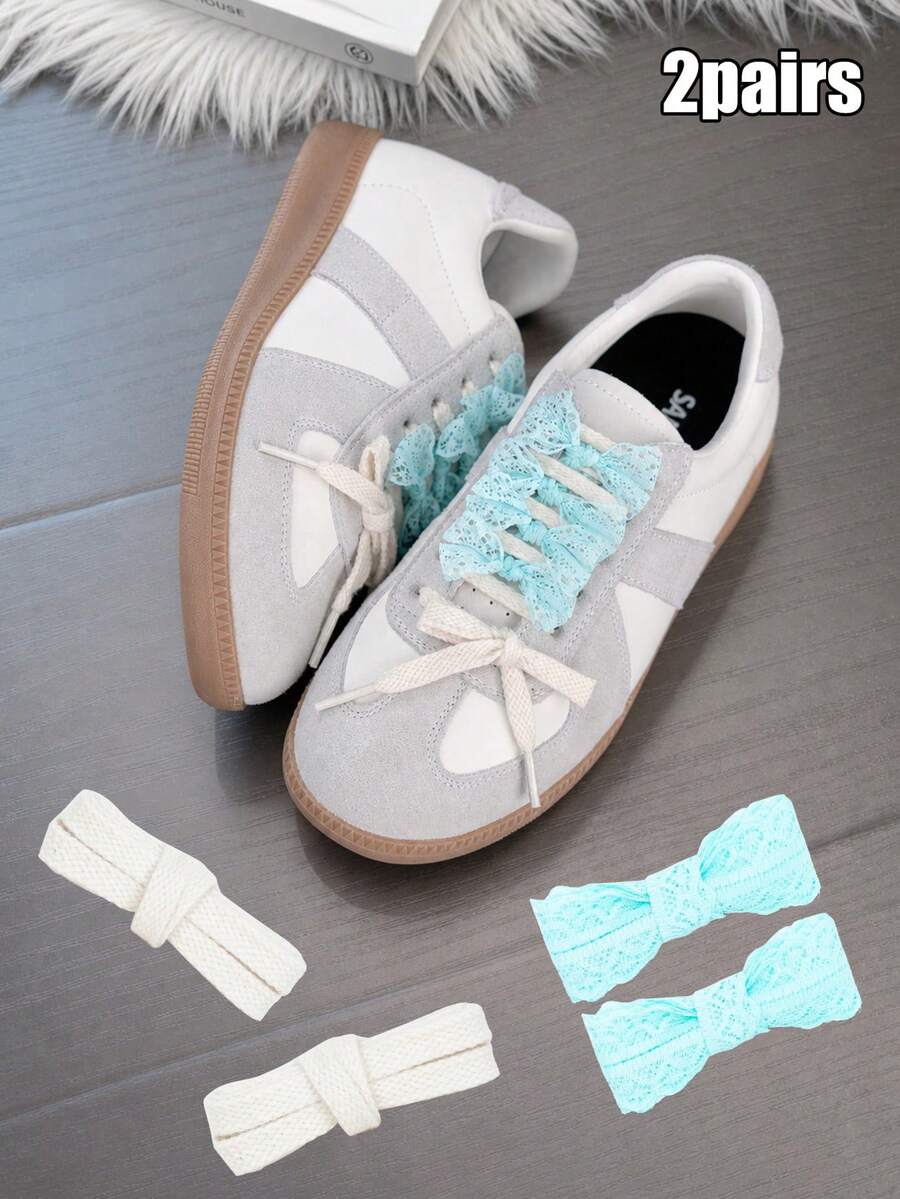 2 Pairs 8mm Solid Color Textured Flat Shoelaces + 3cm Lace Decorative Shoelaces, Unisex Decorative Sports Shoelace Combo Set, Flat Shoelaces For Running And Casual Shoes Replacement, DIY Mix And Match Set