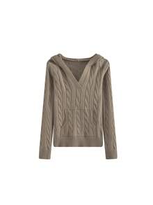 V-Neck Cable Knit Hooded Long Sleeve Pocket Sweater - Brown - View 6