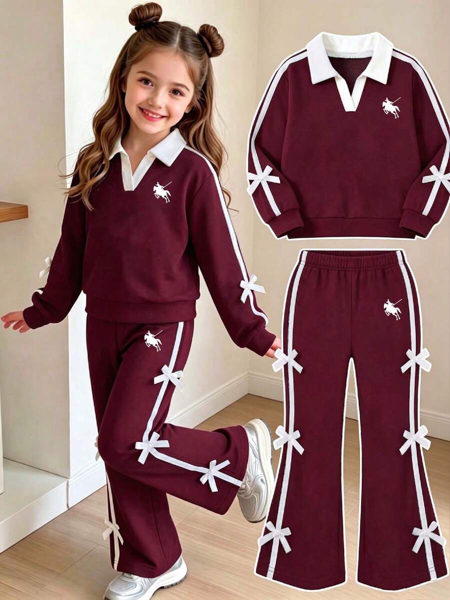 Bộ áo nỉ tay dài cổ chữ V thêu họa tiết hoạt hình cho bé gái kèm quần - Màu Đỏ Sâu - Xem 1