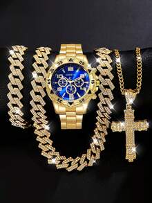 4pcs Set, Kids Stainless Steel Band Quartz Watch, Watch, Paired With Hip-Hop Bracelet Necklace, Cross Pendant Necklace, Fashionable, Great Gift Choice For Him - Gold - View 1