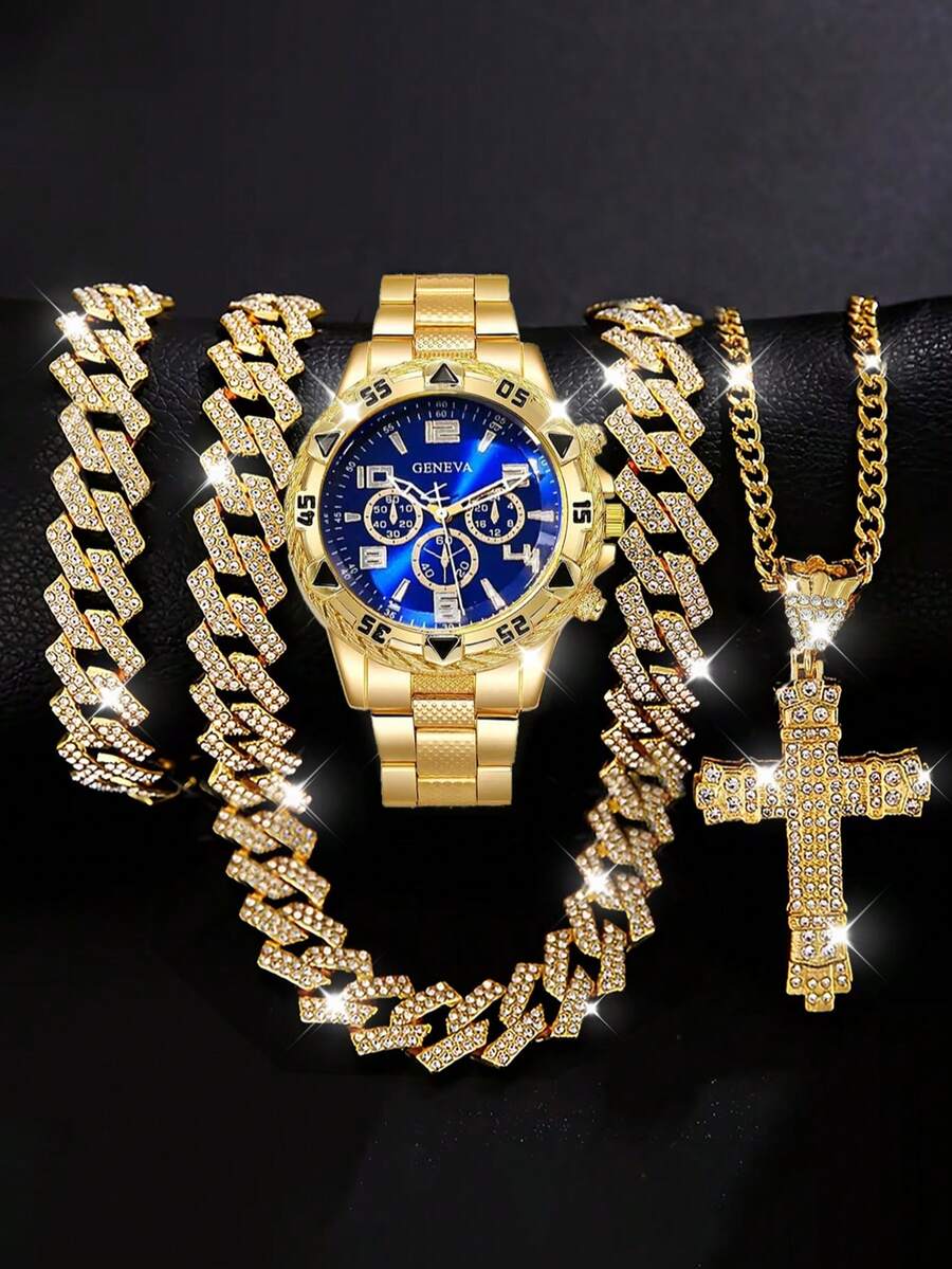 4pcs Set, Kids Stainless Steel Band Quartz Watch, Watch, Paired With Hip-Hop Bracelet Necklace, Cross Pendant Necklace, Fashionable, Great Gift Choice For Him - Gold - View 1