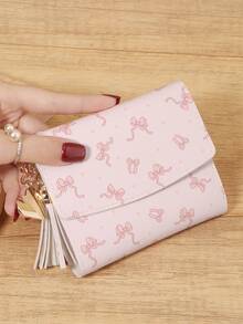 Fashionable Bow Printed Short Wallet, Portable Metal Heart-Shaped Tassel Decoration, Multi Slot Snap Wallet, Suitable For Outdoor And Travel - Pink - View 1