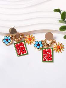 1 Pair Vintage Luxury Colorful Oil-Drip Floral Geometric Pendant Round Stud Earrings, Ethereal Exquisite Early Autumn Fashion Women Earrings - Elegant Floral Earrings - View 6