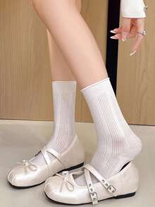 Beige Pleated Round Toe Cross Strap Ballet Flats Women's Spring Autumn Sweet Cool Style Bow Low Top Shoes - Beige - View 4