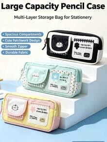 Multi‑Layer Large‑Capacity Pencil Case, Portable Zipper Pen Pouch With Front Small Pocket, Lightweight Cosmetic Makeup Storage Bag, Daily Multi‑Purpose Travel Storage Pouch, Durable Fabric Handheld Pen Bag For Office, College, Gifts - Kitten Pencil Case - View 6