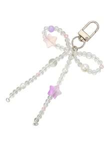 Girls Faux Pearl Bow Keychain, White Ribbon/Silver Heart & Star Rhinestone Charm Key Ring, Sweet Y2K Aesthetic Bag Pendant Accessories For Youth - Multicolor - View 7