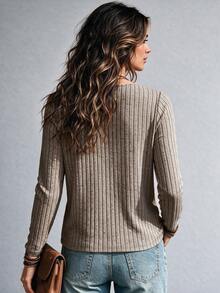 Women Casual Oat Fall Ribbed Long Sleeve Top, Cowl Neck Slim Fit Daily Knit Tee - Maroon - View 3