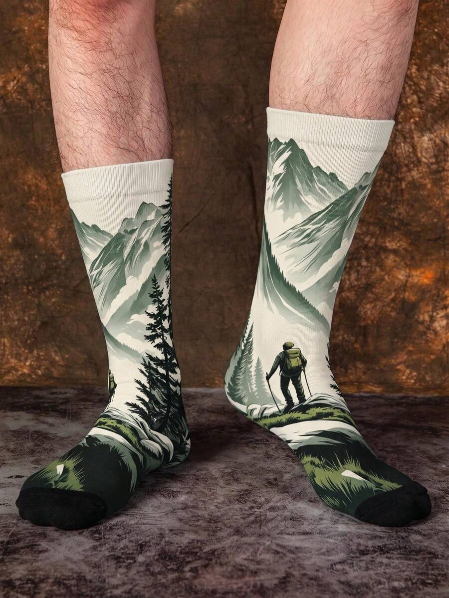1/3 Pairs Mountain Hiker Creative Landscape Print Mid-Calf Socks, Christmas Holiday Outdoor Style Men's Socks - Multicolor - View 1