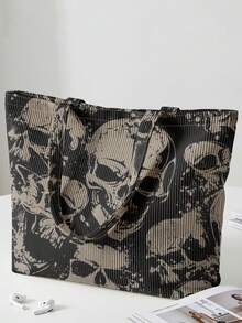 1Pc Skull All‑Over Print Corduroy Large Capacity Open Top Tote Bag, Holds Books Daily Essentials For Student School Shopping Daily Travel - Multicolor - View 3