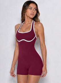 Never me Women's Sports Shorts Yoga Pilates Romper Round Neck Back Cutout Contrast Trim Ruched Waist Tight Fit - Burgundy - View 5