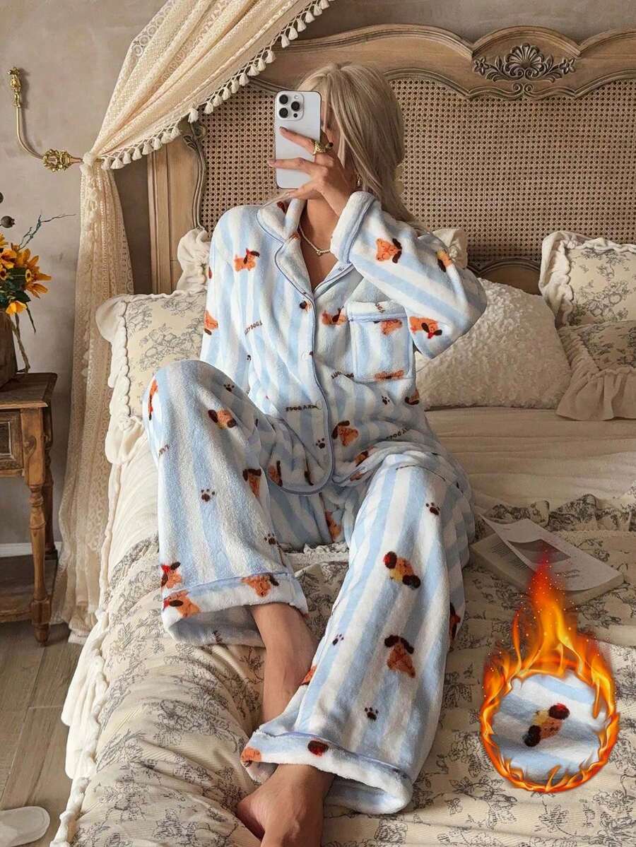 2pcs/Set Women's Winter Striped Puppy Pattern Plush Thick Thermal Lined Lapel Cardigan Long Sleeve And Long Pants Pajama Set - Blue and White - View 1
