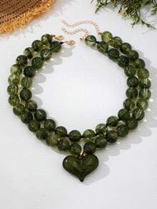 OABE 2pcs/Set Kalung Manik-Manik Hijau Bertekstur Gaya Bohemian dengan Liontin Hati, Cocok untuk Pemakaian Sehari-hari Wanita, Aksesori Hadiah Liburan/Ulang Tahun - Hijau Tentara - View 4