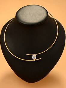 outingfit 1pc Minimalist Luxury Oval Rhinestone Asymmetric Double Layer Open Collar Necklace For Women Wedding, Ball And Party Jewelry - Geometry - View 7