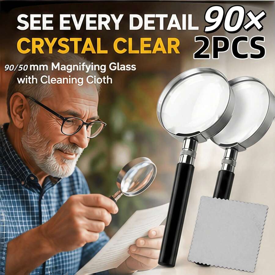 2pcs Set (Large Ultra-Clear 90* Metal Magnifying Glass + Cleaning Cloth) Handheld Durable Magnifying Glass - Durable And Shatter-Resistant Professional Magnifying Glass, Ergonomic Comfortable Handle, Suitable For Reading Books And Viewing Maps, Christmas Gift - Latest Model - View 1