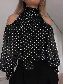 1pc 2026 New Women's Fashion Mature Casual High Neck Ribbon Design Polka Dot Cold Shoulder Chiffon Blouse, Black Polka Dot Shirt, High-End Workplace Commute Vintage Shirt, Daily Office Autumn/Winter Inner Layer Blouse - Black - View 5