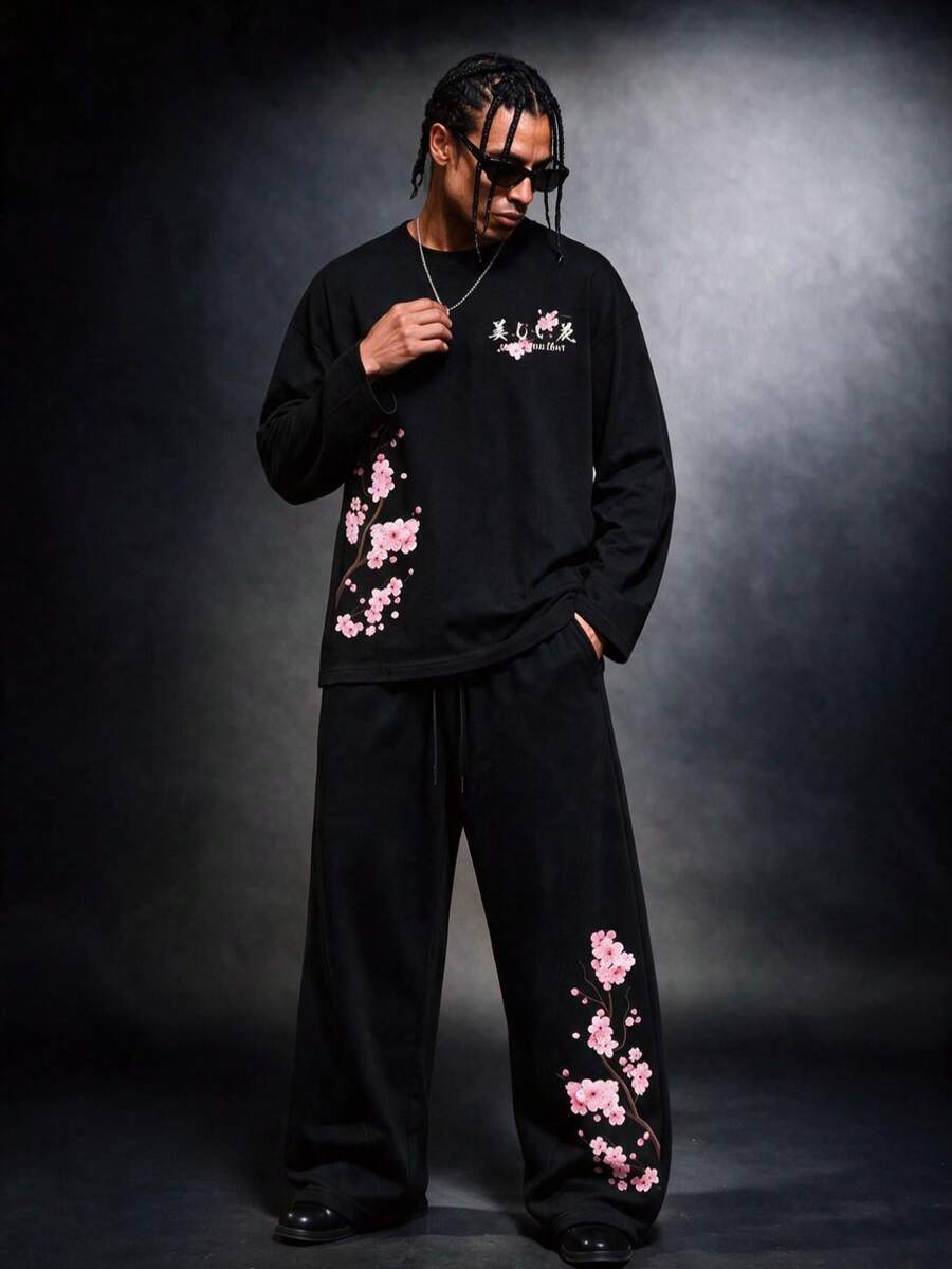 SU ER Men's Summer Round Neck Casual Long Sleeve T-Shirt And Casual Pants Set - Black - View 1