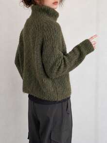 Jaket Kardigan Rajut Depan Asimetris Minimalis Kasual Musim Gugur/Dingin Wanita - Dark Green - View 2