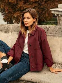 French Style Short European & American Blogger Inspired Casual Commute Versatile Jacket, Lapel Collar Large Pockets Back Buckle Loose Silhouette Spring/Autumn Jacket, Suitable For Outdoor Wear. - Burgundy - View 2