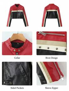 Women's Faux Leather Rivet Rock Punk Y2K Style Aviator Jacket - Red and Black - View 5