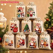 1/8/16pcs, Christmas Gift Drawstring Bags, Snowman & Santa Pattern Burlap Sack For Holiday Gift Packing - Multicolor - View 8