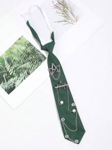 1Pc Men Yellow/Black/Green/Red Star Rhinestone Chain Pearl Decor Pre-Tied Cool Punk Necktie For Party Daily Wear - Multicolor - View 12