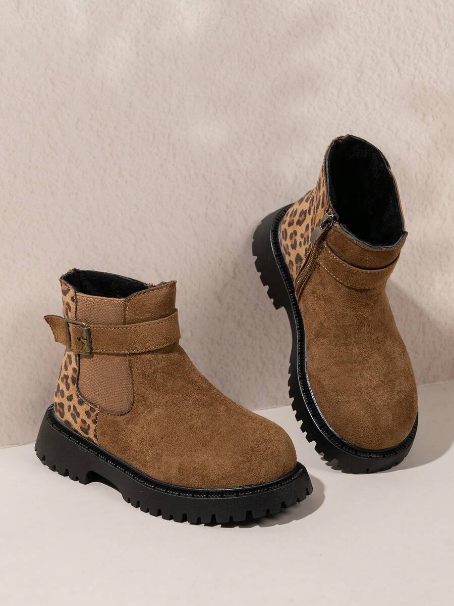 Girls' Leopard Print Patchwork Fleece Lined Ankle Boots, Buckle Decor Side Zipper Non-Slip Winter Ankle Boots, Suitable For Daily Outdoor Wear - Khaki - View 1