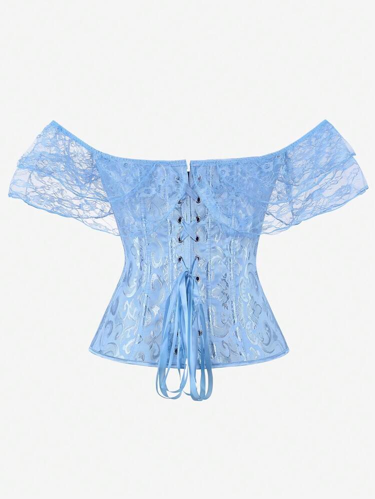 Overbust Corset Top Lace Trim Shoulder Strap Bustier Bodysuit Strapless Women's Outerwear Bandeau Slimming Vintage Stage Performance Costume - Baby Blue - View 3