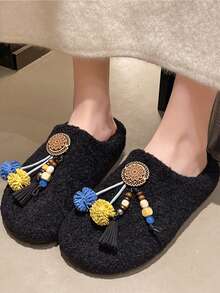 Bohemian Style Wooden Bead Tassel Fur Slippers For Women, Vintage Lamb Wool Warm Half-Slip Thermal Slippers - Black - View 1