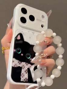 Ins New 3D Scarf Cat Design With Beaded Chain Phone Case Compatible With Iphone 17 Pro Max, Instant Transformation To 17 Large Window Cat Ear Style, Apple 16 Pro Max Women 15/14/13 Shockproof Protective Cover - White - View 6