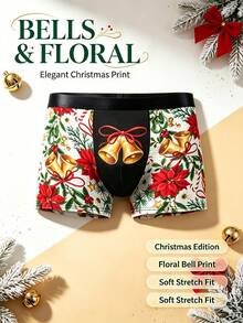 1PC Christmas Bell Floral Print White Men Boxer Underwear Elegant Festive Underwear - Multicolor - View 2