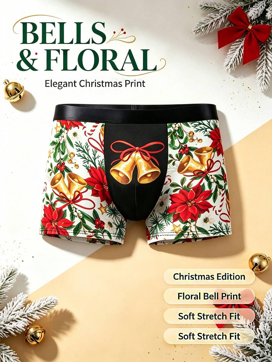 1pc Christmas Bell & Floral Print White Men's Boxer Briefs, Elegant Holiday Style Underwear - Multicolor - View 1