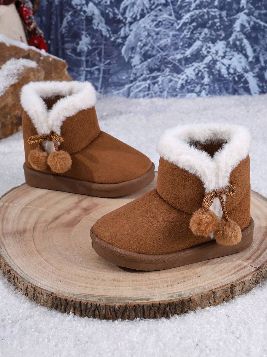 Sepatu Bot Salju Anak Perempuan Motif Bola Bulu Karamel dengan Bahan Plush Tebal dan Dekorasi Bola Bulu Lucu untuk Sepatu Bot Pendek Hangat di Musim Dingin - Coklat - View 1