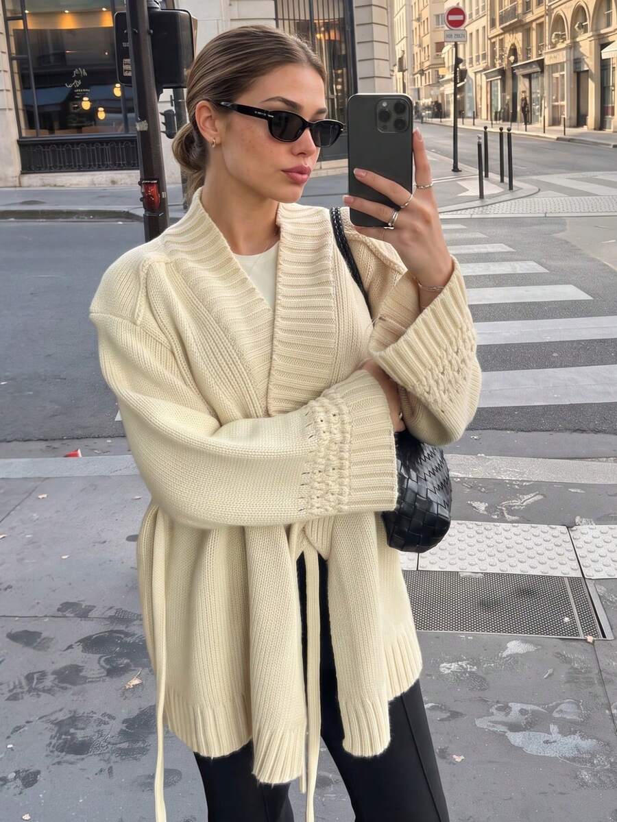 Cardigan Rajut Tebal Longgar Senya untuk Wanita, Sweater Rajut Bertekstur Ribbed dengan Ikatan Depan, Jaket Sweater Serbaguna untuk Musim Dingin, Cocok untuk Musim Gugur - Aprikot - View 1
