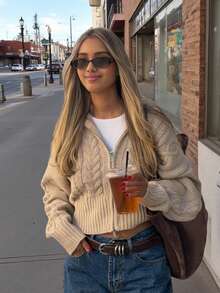 Senya Autumn/Winter New Vintage Oversized Lapel Double Zipper Cable Knit Cardigan, Loose Drop Shoulder Casual Short Commuter Sweater Fall - Khaki - View 1