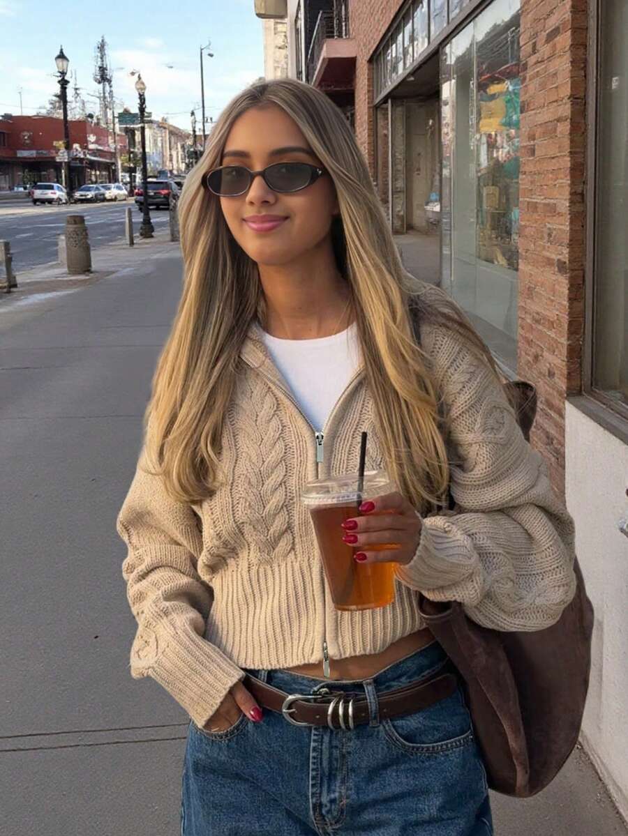 Senya Autumn/Winter New Vintage Oversized Lapel Double Zipper Cable Knit Cardigan, Loose Drop Shoulder Casual Short Commuter Sweater Fall - Khaki - View 1