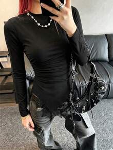 Women's Round Neck Long Sleeve T-Shirt, Spring/Autumn New Lace Trim And Ruched Waist Design, Casual Versatile Slim Fit Solid Color Top, Fashionable Daily Wear - Black - View 8