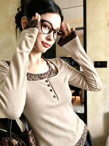 Women's U-Neck Long Sleeve T-Shirt, American Hot Girl Style, Spring/Autumn New Fashion Halter Leopard Print Patchwork Button Design, Casual Versatile Slimming Fitted Crop Top - Khaki - View 1