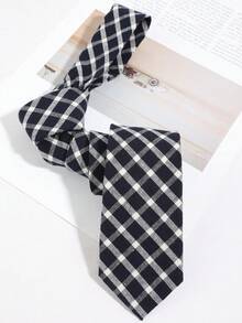 1pc Navy Blue & Beige Diagonal Plaid Hand-Tied Necktie, Preppy Casual Commuter Style For Men & Women, Suit & Shirt Accessory - Multicolor - View 6