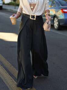 Women's Black Pleated Versatile High-Waist Wide-Leg Long Pants, Fall/Winter Going Out Business - Black - View 9