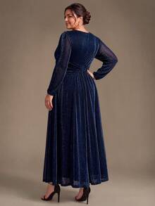EVERPRETTY Gaun Malam Formal Wanita Ukuran Plus Elegan Musim Gugur Warna Biru Tua dengan Lengan Panjang Berkilau, Leher V, Pinggang Berkerut, Model A-Line, Gaun Tamu - Navy Blue - View 4