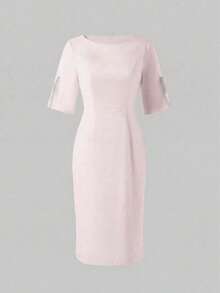 Solid Color Casual Elegant Retro French Style Waist Slimming Office Daily Date Commute Faux Pearl Decor Round Neck Dress, White Pink Summer - Pink - View 6