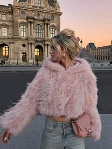 Faux Fur Hooded Long Sleeve Short Loose Jacket, Casual Commute Outerwear, Autumn/Winter Fashion - Pink - View 5