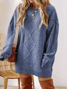 Acelitt Autumn/Winter Plus Size Women's Solid Color Knit Textured Cold Shoulder Plus Size Sweater Dress - Blue - View 2