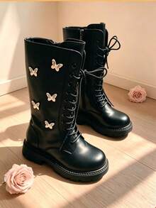 Suggested To Buy Larger Size, Refer To Size Chart, One Pair Of Cute Butterfly Children's Boots, Soft Leather, Non-Slip, Easy To Put On And Take Off, Versatile, Suitable For Daily Wear - Black - View 18