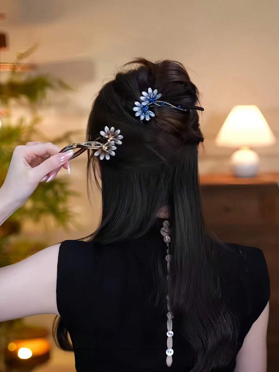 1/2pcs Flower Twist Clip Elegant Fashion Rhinestone Hair Clip Back Head Bun Hair Accessory Women Elegant Hair Clip - Multicolor - View 1